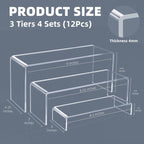 Goabroa 12 Pcs Clear Acrylic Risers Display Stands, 3 Tiers 4mm Thick Transparent Acrylic Shelves Ideal for Collectibles Stand, Party Cake Dessert Holder, Floating Visual Pop Figure Display Shelves