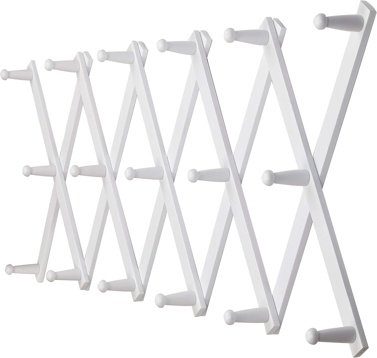 Dseap Accordian Wall Hanger: 16” High Wooden Wall Expandable Coat Rack, Hat Rack Holder, Accordion Hook for Baseball Caps, Coats, Mugs, 17 Peg Hooks, White