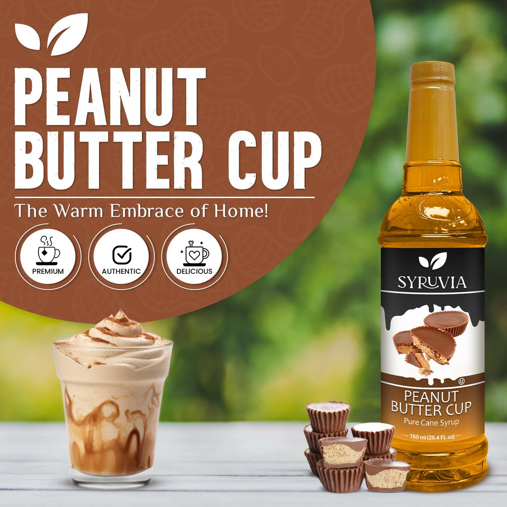 Syruvia Peanut Butter Cup Syrup for Coffee, Sweet Coffee Flavoring, 25.4 fl oz, Kosher, Gluten Free, Perfect for Lattes, Smoothies, Shakes, Drinks, Desserts, and More.
