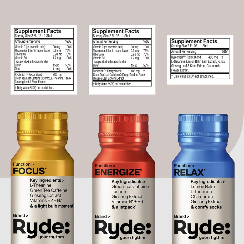 RYDE: Discovery Pack | Energize, Focus & Relax Shots | Green Tea Caffeine, Taurine, Ginseng, B Vitamins, L-Theanine, Lemon Balm, Chamomile | 0 Calories, 0 Sugar | Variety Pack – Try Them All (6 Pack)