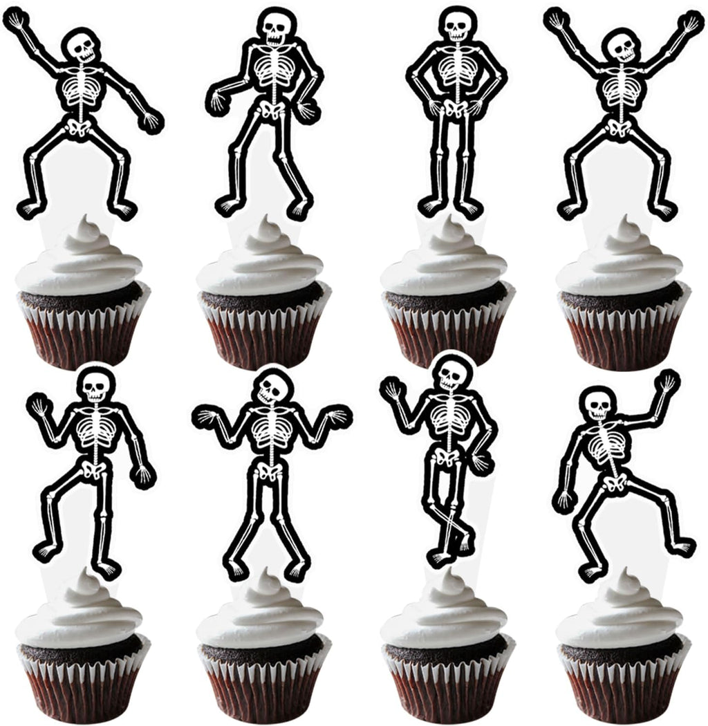 Dancing Skeleton Halloween Cupcake Toppers 48PCS Black Skull Party Cake Decorations Skeleton Cupcake Picks Halloween Birthday Party Decorations for Horror Theme Party Baby Shower Supplies