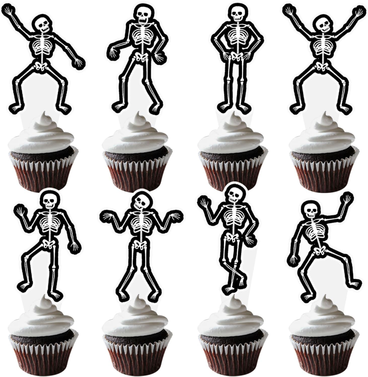 Dancing Skeleton Halloween Cupcake Toppers 48PCS Black Skull Party Cake Decorations Skeleton Cupcake Picks Halloween Birthday Party Decorations for Horror Theme Party Baby Shower Supplies