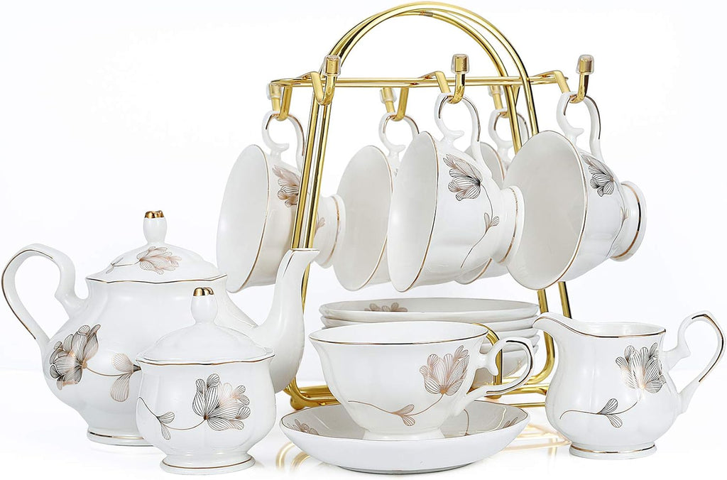 CHENP.HMC Porcelain Ceramic 22-Piece Tea Set, Teapot and Cup Set, 30.7 Ounces, for 6, Gift Sets, Tea or Coffee Lovers, Wedding, Birthday