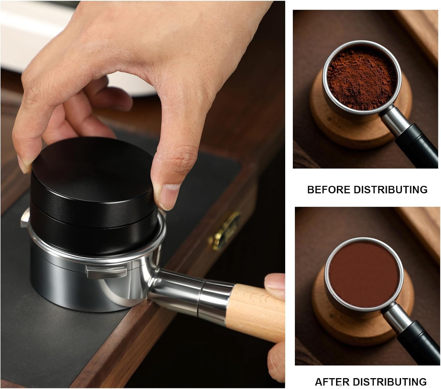 53mm Coffee Distributor, Gravity Espresso Distribution Tool with Adaptive Height for Barista, Coffee Leveler for 53mm Portafilter, Black