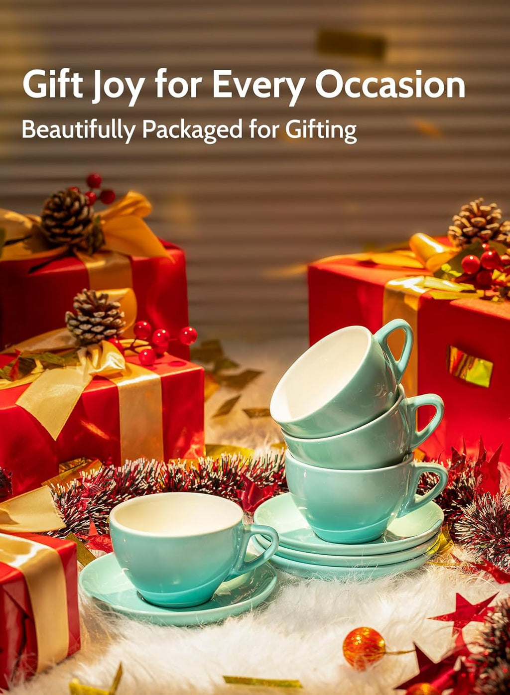 Sweese 6 Ounce Cappuccino Cups with Saucers, Porcelain Double Espresso Cups Set of 6 - Hot Assorted Colors