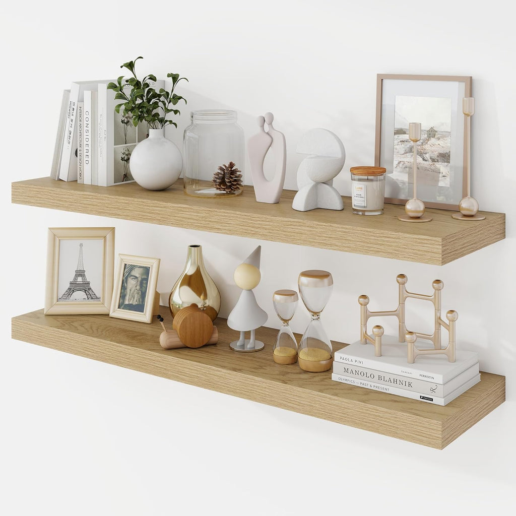 36 Inch Floating Shelves, 9.3" Deep Floating Shelf Wall Mounted, 36" Wall Shelves, Rustic Deep Bookshelf, Large Display Shelves & Storage Shelves for Bedroom, Living Room, Oak, Set of 2