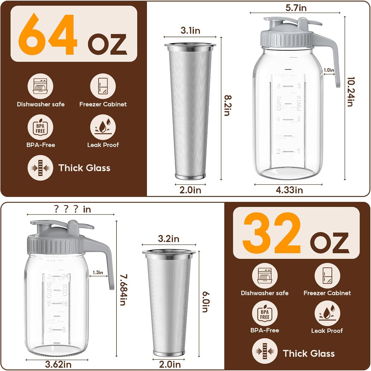 Cold Brew Coffee Maker Jar - 2 Pack 64 oz/32 oz Glass Cold Brew Maker with Handle, Stainless Steel Filter & Leak-Proof Lid, Heavy Duty Cold Brew Pitcher for Iced Coffee, Sun Tea, and Milk