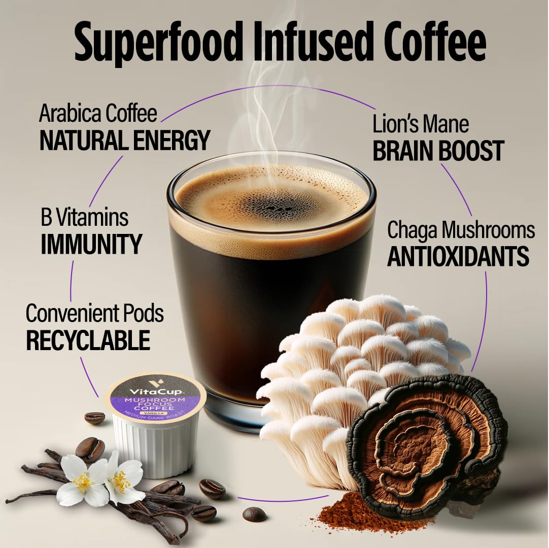 VitaCup Focus Mushroom Coffee Pods, Vanilla Flavored Coffee with Chaga, Lion’s Mane, Vitamins, Medium Dark Roast Arabica Beans, Recyclable Single Serve Pods Compatible with Keurig K-Cup Brewers, 32 Ct