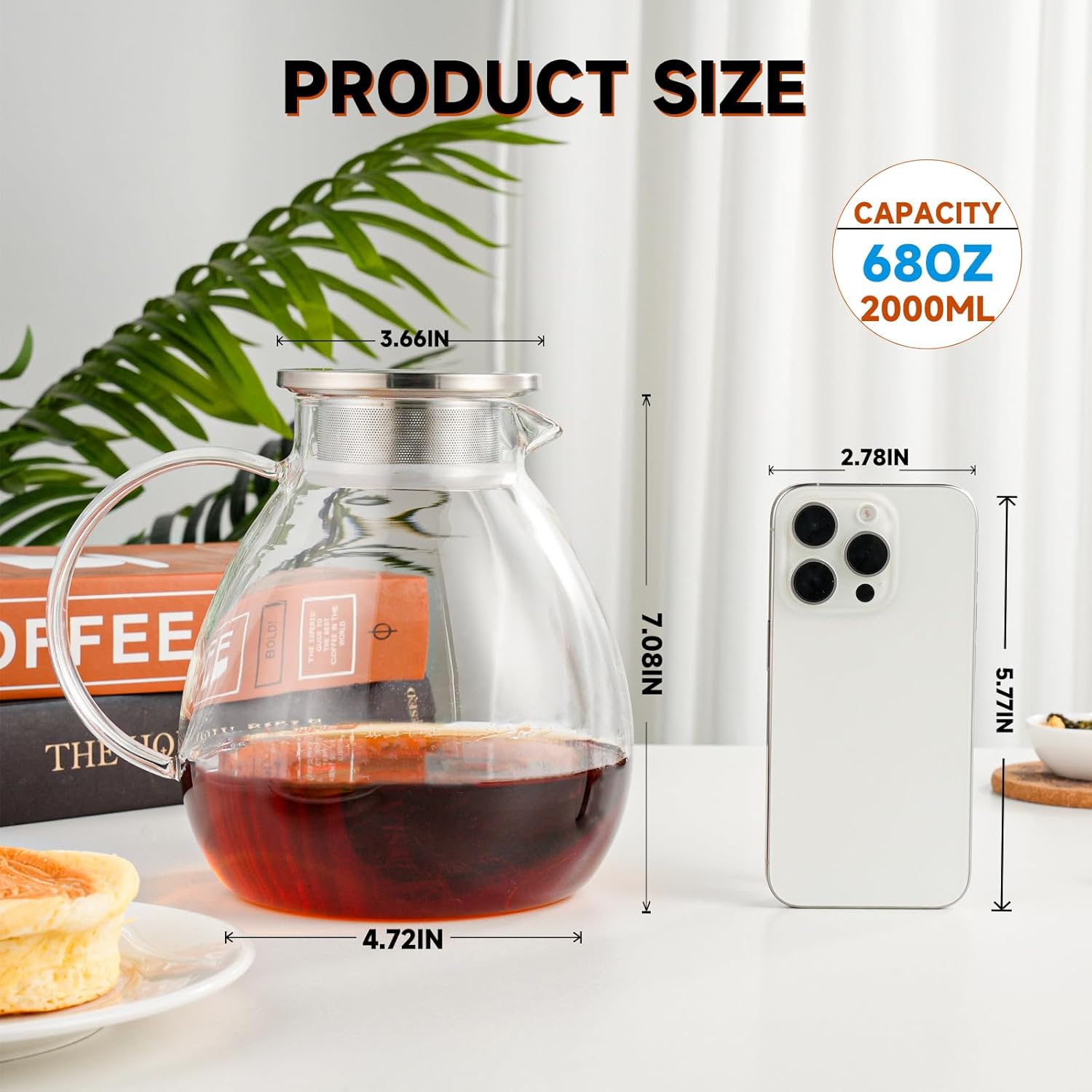 68OZ/2000ML One Touch Glass Teapot with Stainless Steel Filter Lid, Stovetop & Microwave Safe Tea Maker Water Kettle, Strainer & Cover 2 in 1 Loose Leaf Tea Steeper Pot Coffee Carafe