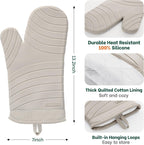 Beneno Oven Mitts, Heat Resistant BPA-Free Soft Silicone Oven Mitts 2-Pack, Waterproof Non-Slip Flexible Oven Gloves with Comfort Cotton Lining, Durable Kitchen Mitt Set for Baking Grill, 7"x13" Beige