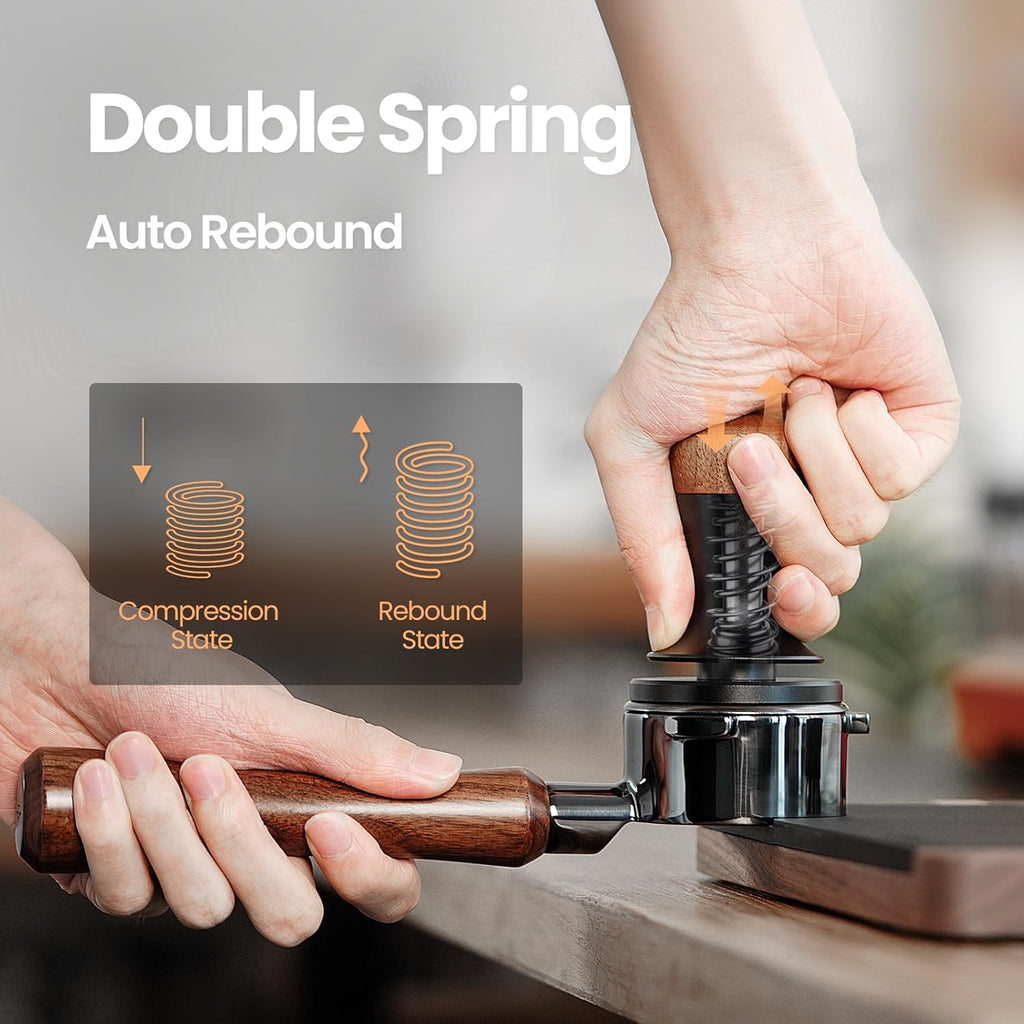 MHW-3BOMBER 54mm Espresso Tamper, Double Spring Loaded Tamper, Self Leveling without Tilting, 53mm Coffee Tamper with Wood Cover, 53.35mm Ripple Base, T7127
