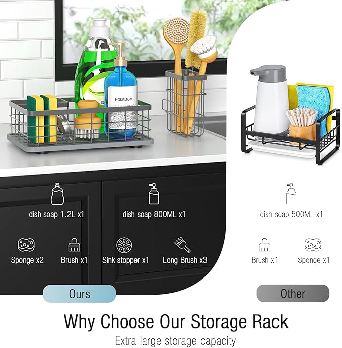 Large Family-Sized Sponge Holder for Kitchen Sink with Brush Holder - Drain-Free Non-Slip Base, 2.6mm Stainless Steel with Grey Rust-Resistant Coating-10.24"L x 6.5"W x 5.83"H Sink Organizer