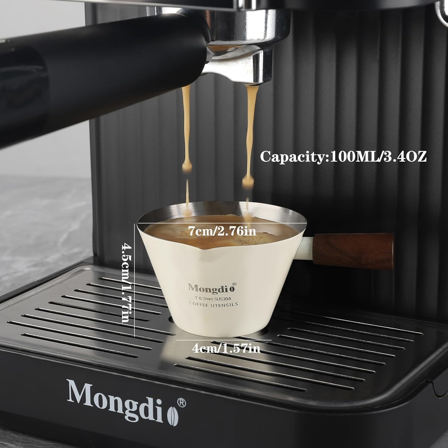 Mongdio Espresso Measuring Cup, Stainless Steel Espresso Shot Cups with Wooden Handle and Double Spouts, 3.4OZ/100ML, White