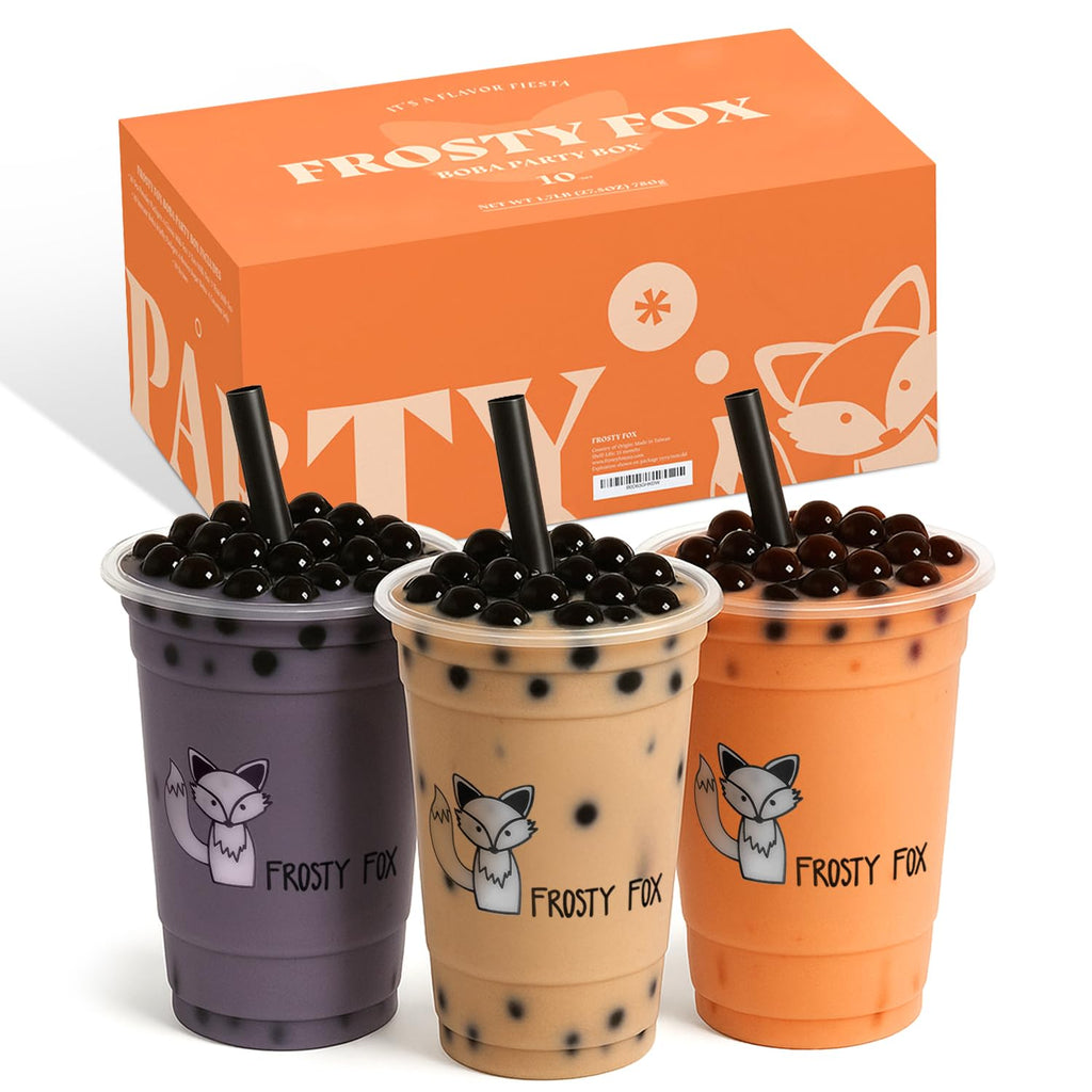 Frosty Fox Premium Boba Bundle Kit 10 Serv. Instant Bubble Pearl Variety Milk Tea Kit with Authentic Brown Sugar Tapioca Pearls & Coconut Jellies - Ready in Under 1 Minute, Includes Straws - Gift Box, Holiday (Classic, Taro and Thai Tea)
