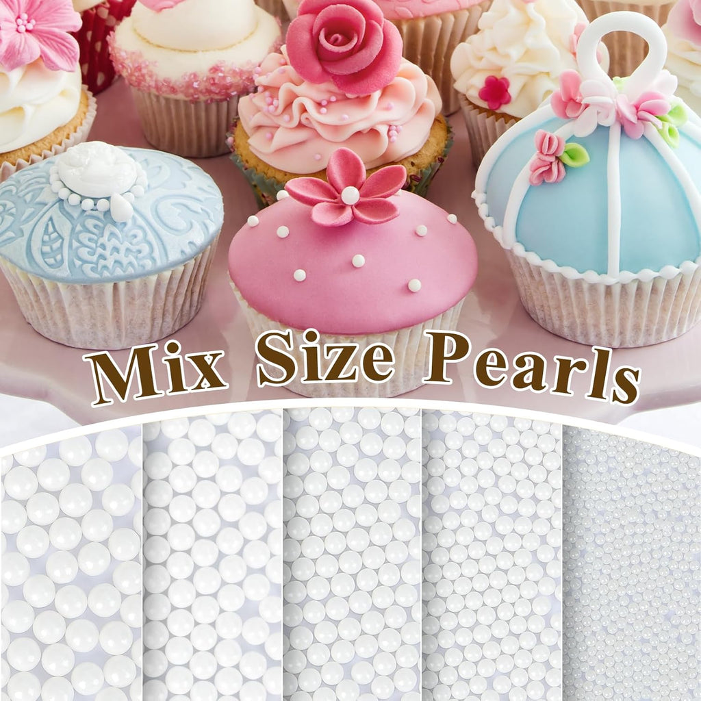 Twisweet White Pearl Sprinkles for Cake Decorating, Edible Sugar Pearls for Baking, Mix Size, Cake Topper Cupcake Cookie Ice Cream Dessert Decorations, Valentines Birthday Christmas Wedding Supplies (130g/4.58oz)