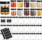 Plastic Jars with Lids Empty Slime Cosmetics Containers Clear Gift Food Jars Round PET Cream Jar with Black Lids Pen Labels for Kitchen Storage Spices Dry Food Body Butter Making(8OZ 32PCS)