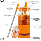 Pandaloo® Glass Cups With Lids and Straws -20 Fl Oz- Perfect Size Iced Coffee Cup - Smoothie Cup With Bamboo Lid and On the go Lid - Glass Tumbler With Straw (1 Count (Pack of 1), Autumn Gold)