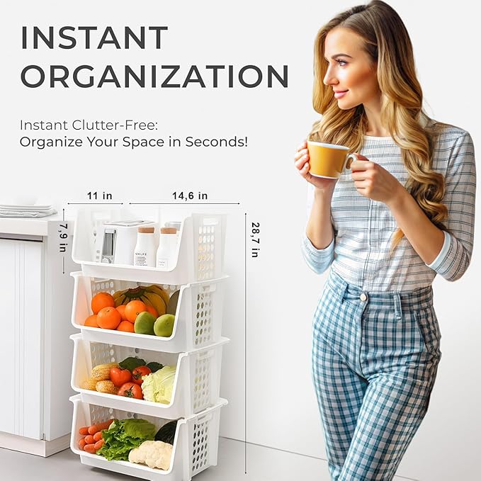 TidyFriend Medium Stackable Storage Bins for Pantry - 4 Pack, Stackable Bins For Organizing Food, Kitchen, and Bathroom Essentials (White)