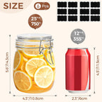 ComSaf 25oz Airtight Glass Canisters with Lids Set of 6, Round Food Storage Jar Container with Clamp Lids for Kitchen Canning Cereal Coffee Pasta Sugar Beans Spice, Clear Mason Jars with 12 Labels