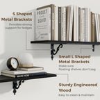 RICHFOCUS Floating Shelves for Wall Decor, 55.1W x 8D Wall Shelves Set of 2, 8 Inch Deep Rustic Wood Shelves Wall Mounted with Brackets, Long Floating Shelves for Living Room Bedroom Kitchen, Black