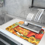 Autumn Pumpkin Red Truck Dish Drying Mat for Kitchen Counter,Fall Leaves Sunflower Cue Dog Harvest Drying Mat 18 x 24 Inch Microfiber Dish Drying Pad Dish Rack Drainer Mat for Coffee Bar