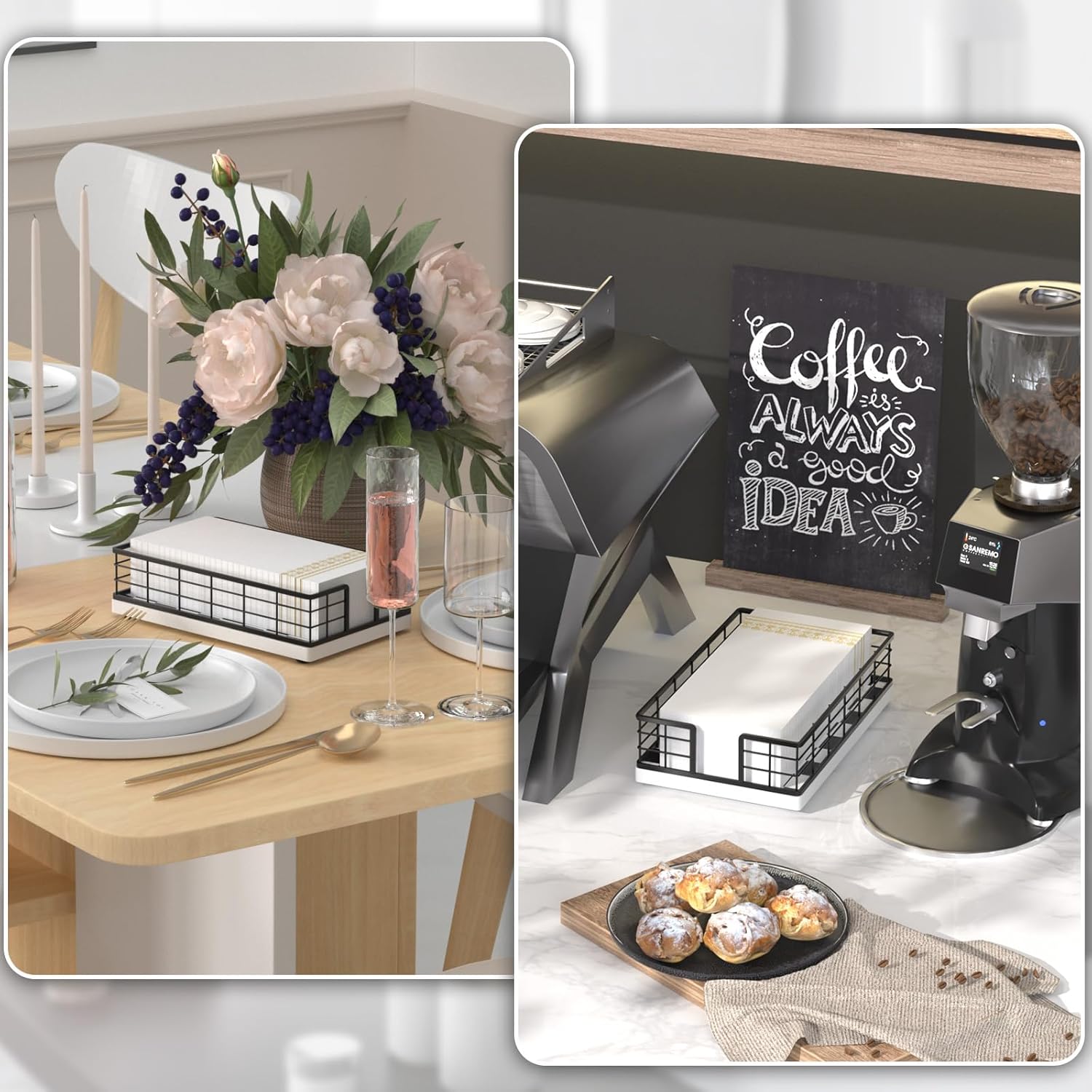 Wican Guest Towel Holder Tray for Bathroom, Oak and Iron Napkins Holder for Powder Room Dinning Table Wooden Basket for Disposable Paper Hand Towels Black and White