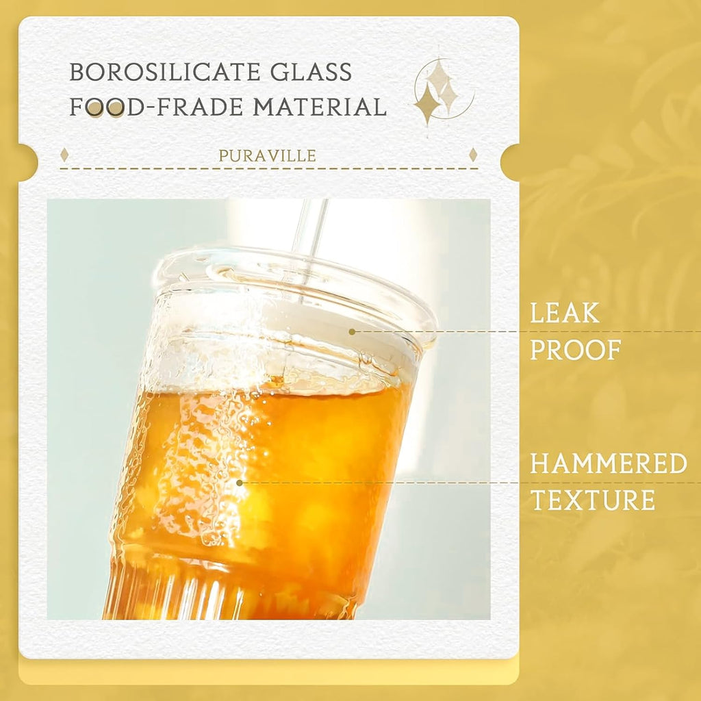 22oz Glass Tumblers with Glass Lids and Straws - Stylish Vintage Ribbed Design for Iced Coffee, Juice, Smoothies, Milkshakes, Cold Beverages & Whiskey Cocktail Beer (2pack-22OZ-Glass lid)