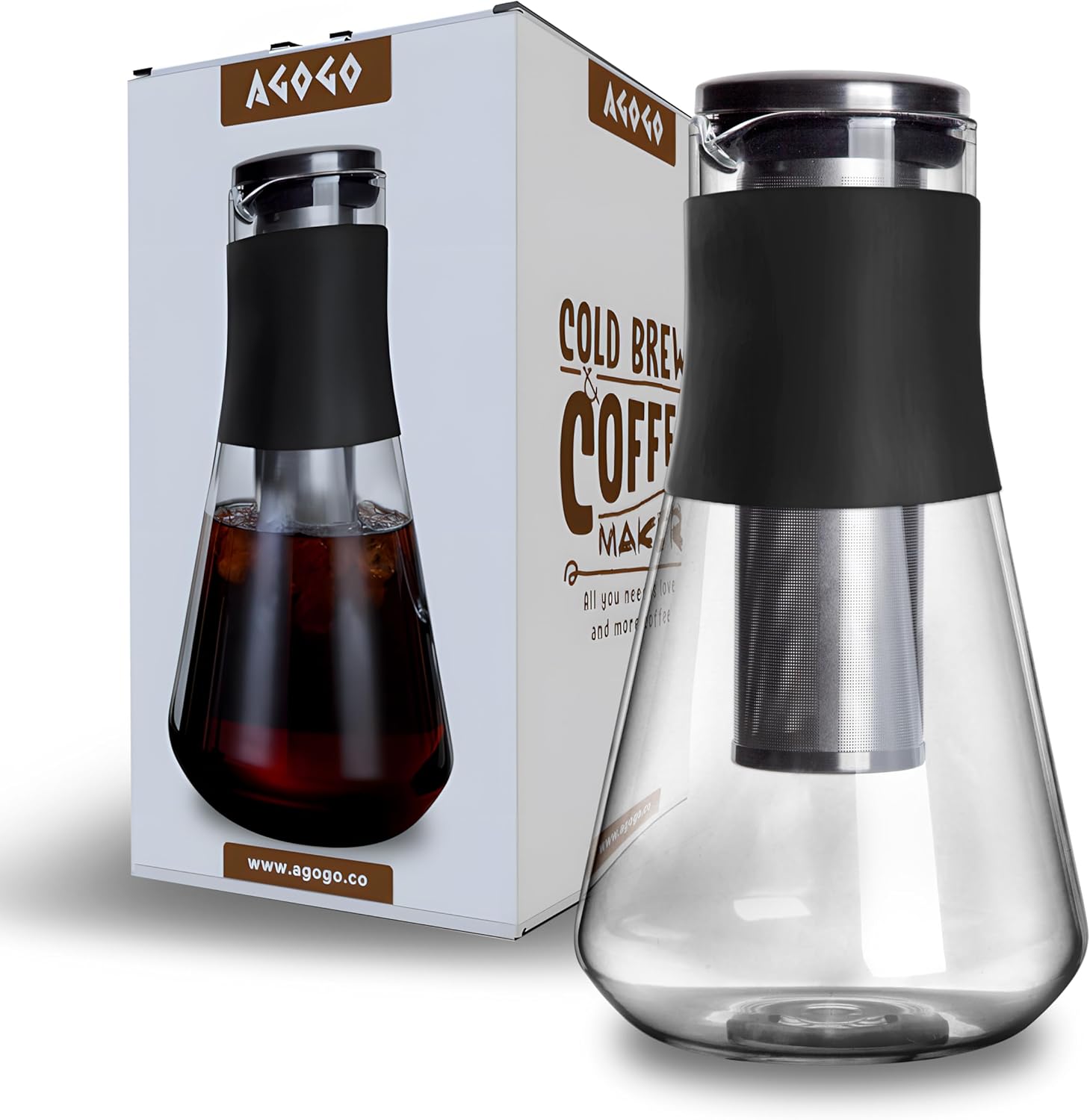 AGOGO Cold Brew Iced Coffee Makers with Metal Filters Silicone Non-slip Grip Carafe 1600ml