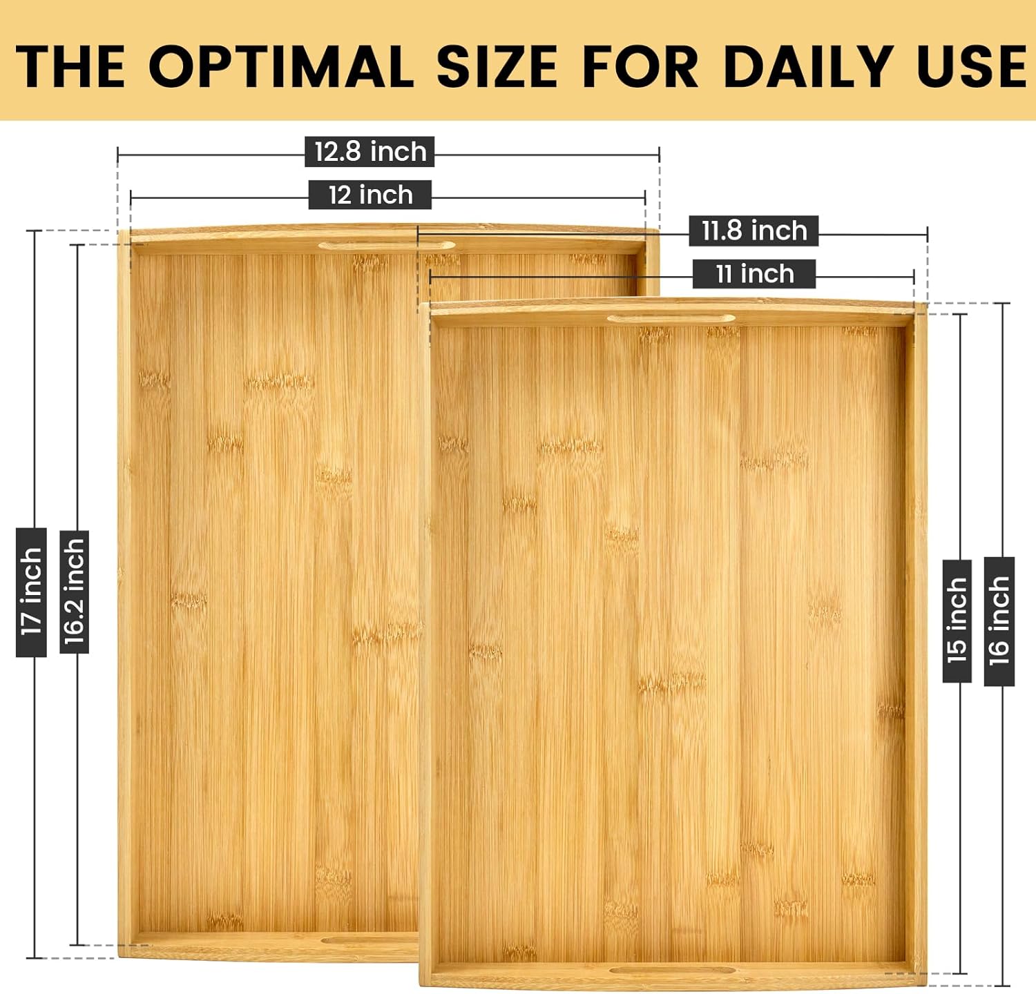 Bamboo Serving Tray with Handles Set of 2 - Decorative Wooden Trays for Eating, Working, and Storing, Suitable for Use in Bedroom, Living Room, Kitchen, Bathroom, Outdoor Scenarios and More