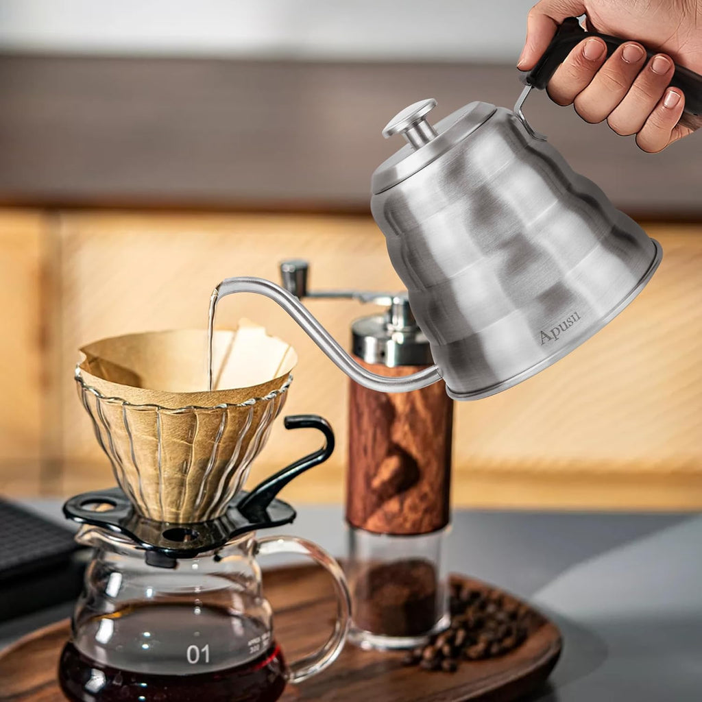 Gooseneck Kettle for Manual Drip Coffee & Tea 40oz Stainless Steel Pour Over Coffee Kettle with Thermometer Tea Kettle for Stovetop,1200ml,6 Cup,Silver,1Pack