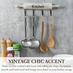 MyGift Wall Mounted Kitchen Utensil Rack, Rustic White Washed Wood Rolling Pin Cooking Tool Hanger with 4 Hooks for Aprons, Dish Towel, Mugs, Spoons