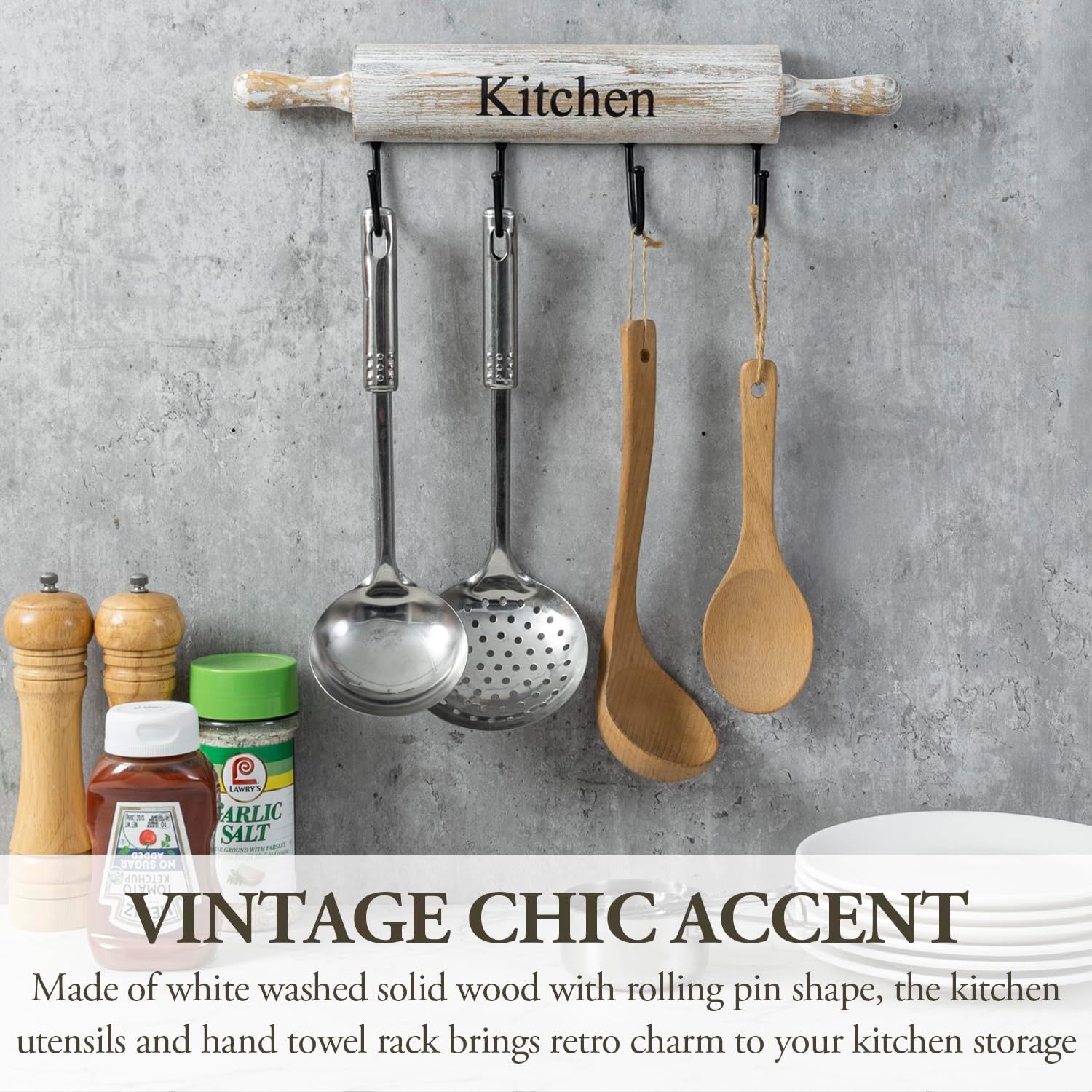 MyGift Wall Mounted Kitchen Utensil Rack, Rustic White Washed Wood Rolling Pin Cooking Tool Hanger with 4 Hooks for Aprons, Dish Towel, Mugs, Spoons