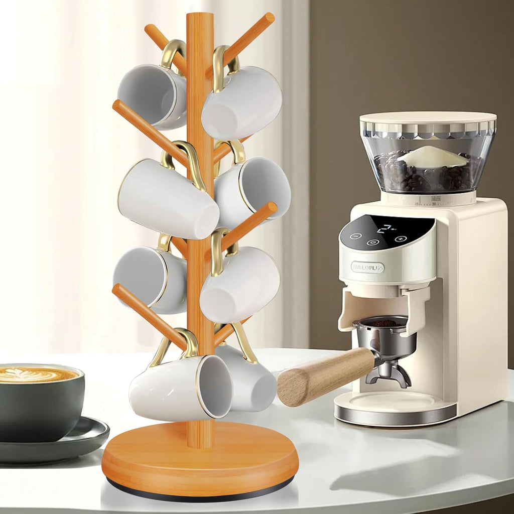 Mug Holder Tree,New Upgraded 360° Rotated 8 Hooks Coffee Cup Holder for Counter,Wood Coffee Mug Rack Standing for Co ffee Bar Accessories and Kitchen Home Organizer(Brown)