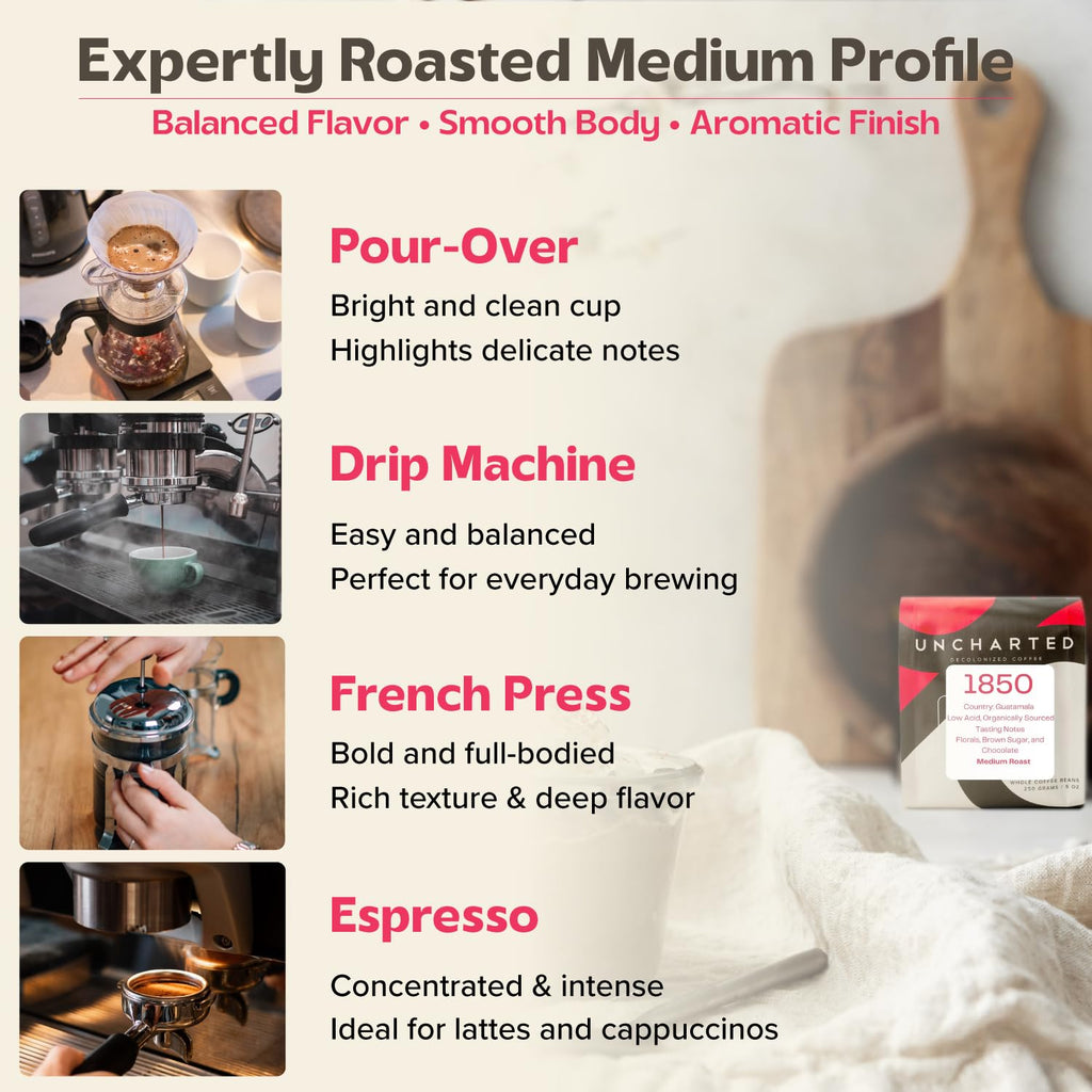 Uncharted Coffee 1850 Guatemala Whole Bean – Organic Single-Origin Medium Roast, Direct Trade, Balanced Flavor with Cocoa & Citrus Notes, Fresh Roasted, 9 oz Bag