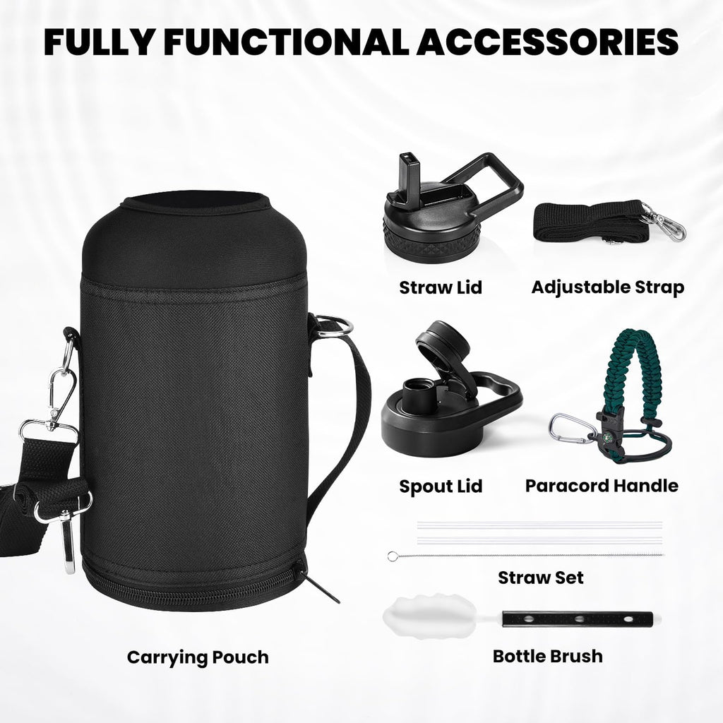 Insulated Water Bottle 64 oz, Triple Wall Vacuum Stainless Steel (Cold for 48 Hrs), Leak Proof & Non-BPA, Half Gallon Water Flask Jug with Paracord Handle & Straw Spout Lids, Dark Green