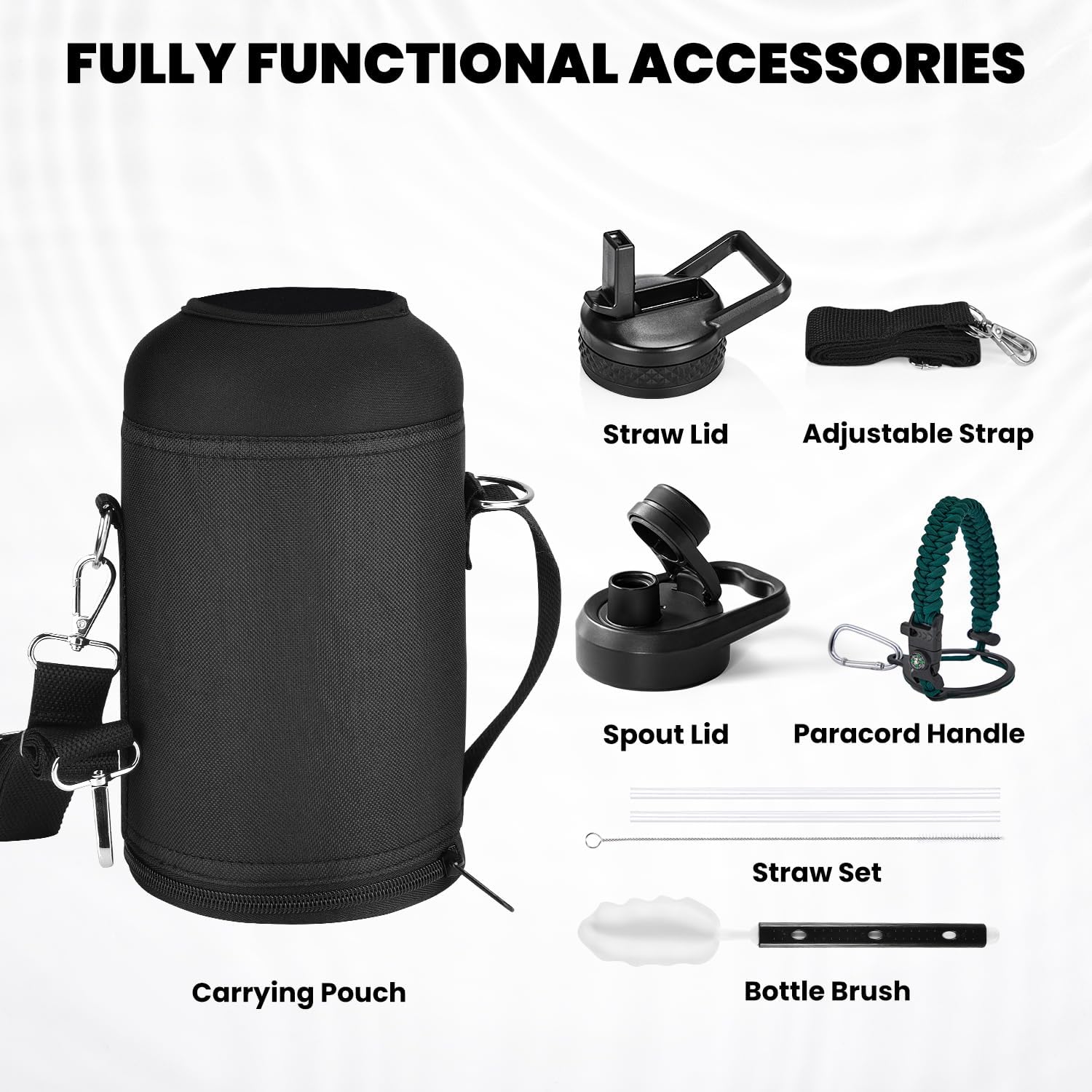 Insulated Water Bottle 64 oz, Triple Wall Vacuum Stainless Steel (Cold for 48 Hrs), Leak Proof & Non-BPA, Half Gallon Water Flask Jug with Paracord Handle & Straw Spout Lids, Dark Green