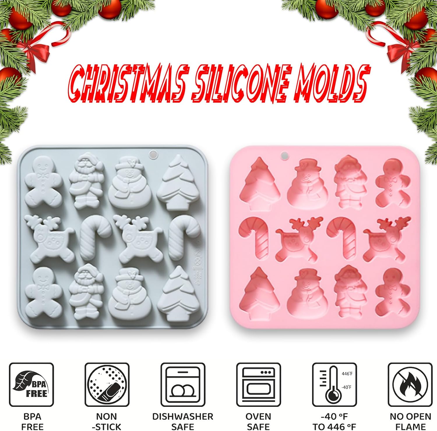 Christmas Silicone Chocolate Molds, 2Pcs Baking Molds Santa Claus Snowman Gingerbread Man Tree Walking Stick Elk 6 Shapes for Jelly Candy Ice Cube Fudge Resin