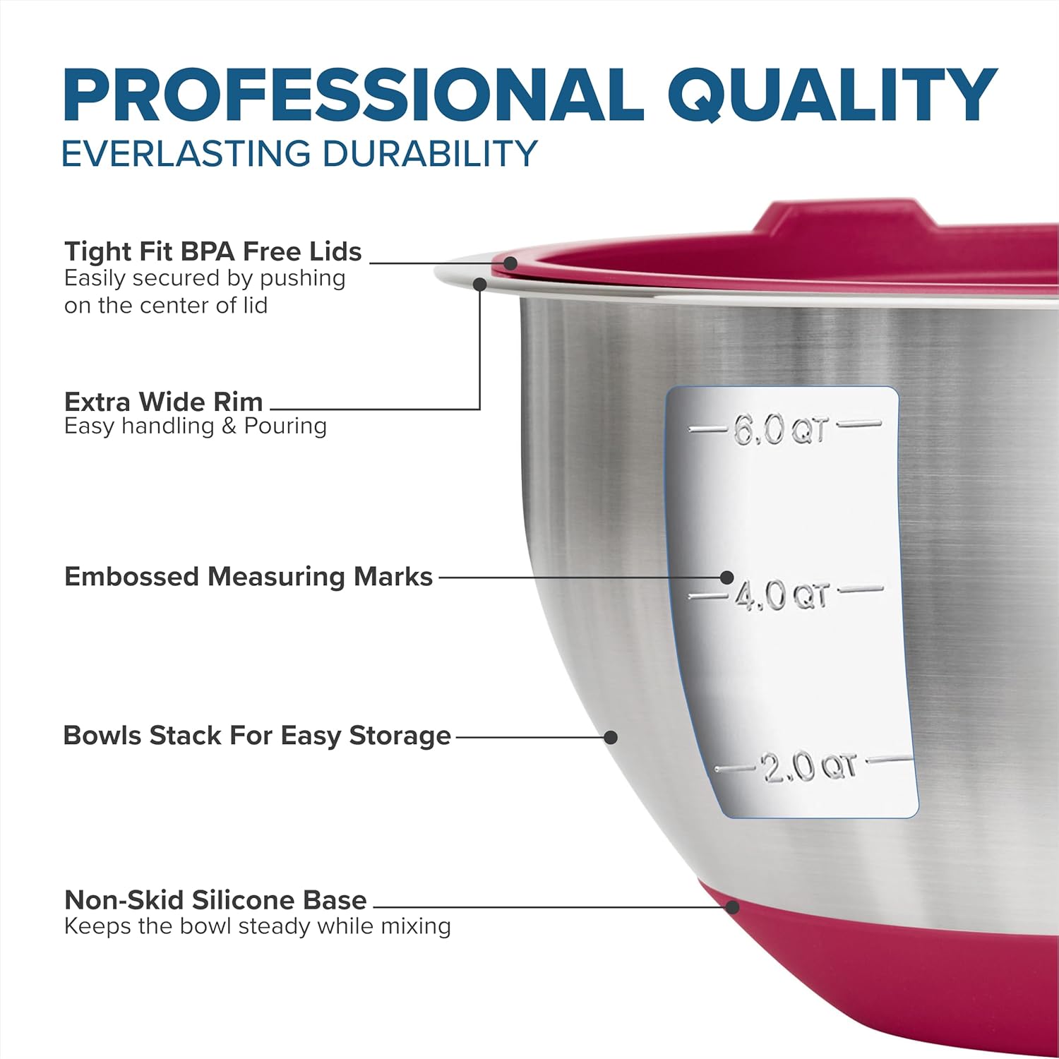 Viking Mixing Bowls Set, 10 Piece Stainless Steel Kitchen Cookware, Non-Slip Silicone Base, Includes Tight Fit Lids, Dishwasher Safe, Red