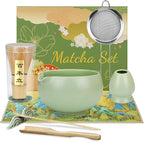 HengLiSam 8PCS Matcha Whisk Set, Ceramic Matcha Kit Set, Japanese Tea Ceremony Tools with Matcha Bowl, Bamboo Whisk, Holder, Sifter, Scoop, Tea Cloth, Spoon and Scoop Stand (Green)