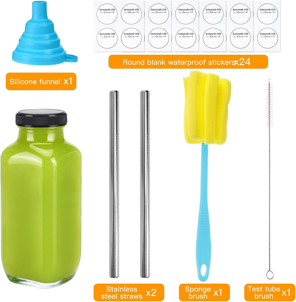 CUCUMI 24pcs 16oz Glass Juice Bottles with Lids, Reusable Vintage Glass Drinking Bottles with Blank Labels, Brush, Straws, Funnel for Storing Tea, Kombucha, Milk