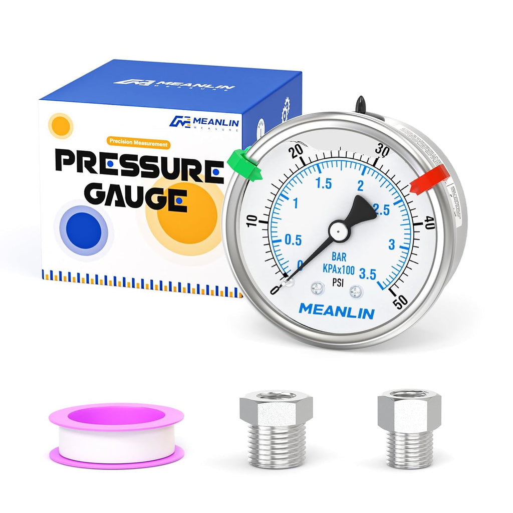 MEANLIN MEASURE 0~50Psi Stainless Steel Liquid Filled Pressure Gauge 2.5" FACE DIAL 1/4" NPT for Pool Sand Filter Water Oil Air Pressure Test Back Mount with Stainless Steel Hex Bushing and Snaps