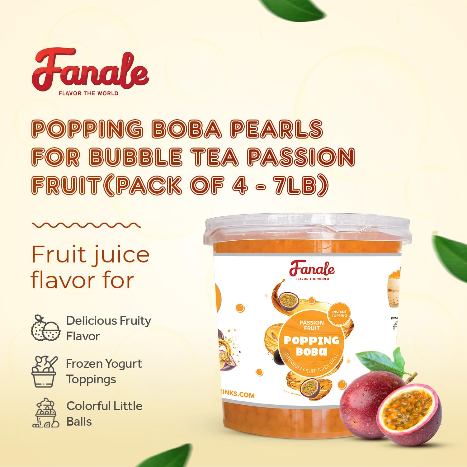 Fanale Passion Fruit Popping Boba Pearls, Vegan, Non GMO, Gluten Free, Fat Free, Perfect for Bubble Tea, Smoothies, Ice Cream, Desserts, and Beverages.