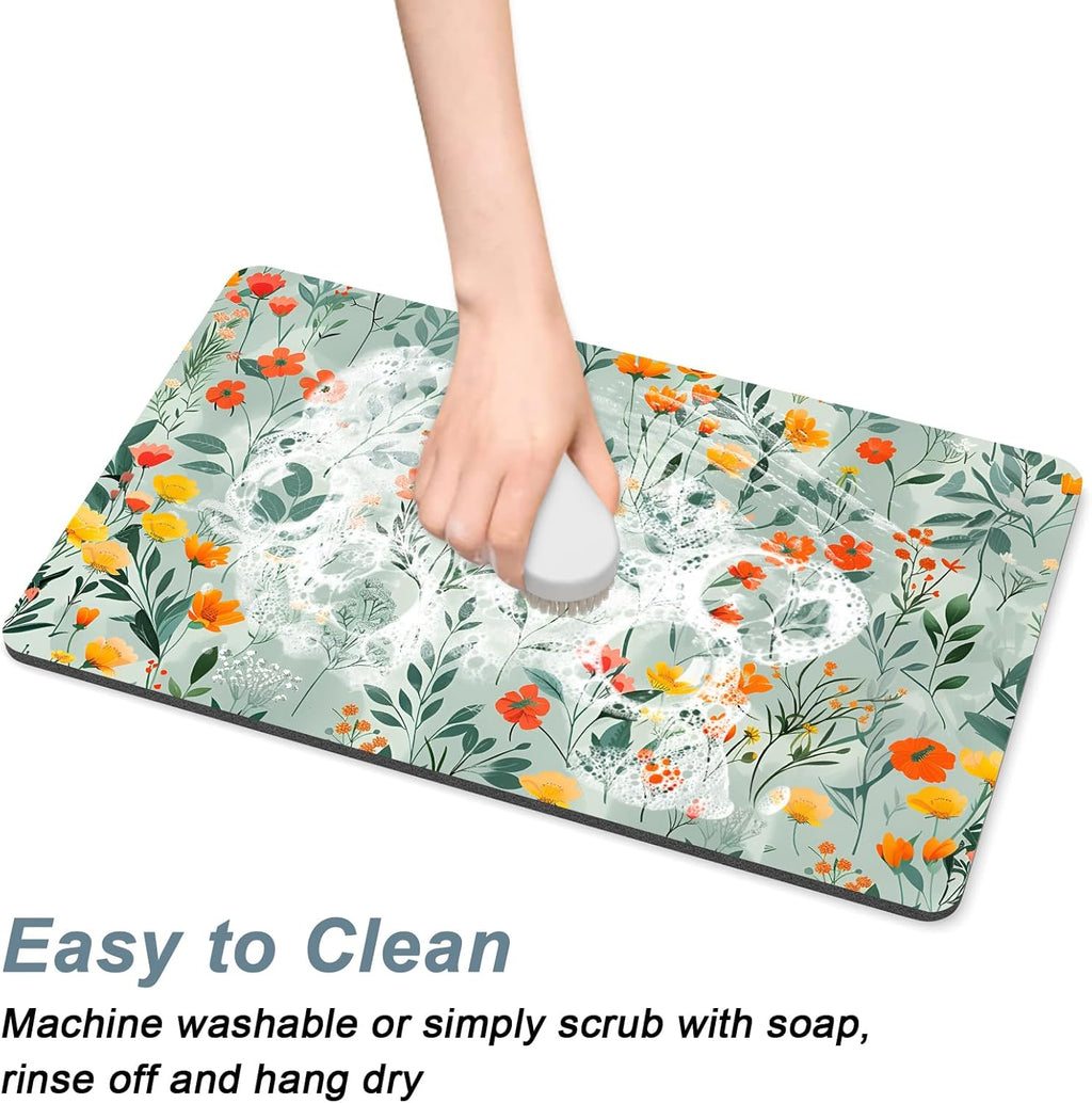 Rnivvi Coffee Mat, 12" x 19" Cute Coffee Bar Mats for Espresso Machine Station Accessories and Organizer, Hide Stain Rubber Backed Absorbent Dish Drying Pad for Kitchen Counter, Abstract Flowers