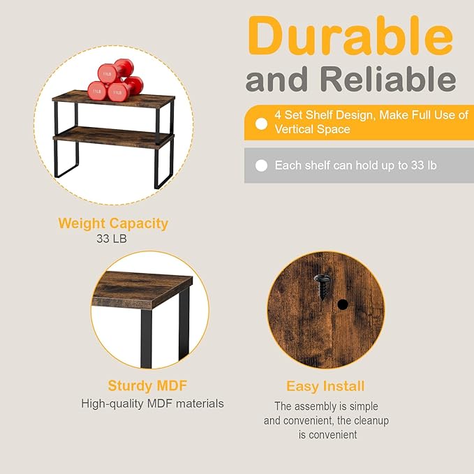 Cabinet Shelf Organizers, 15.7 inches Large Kitchen Counter Shelf, Set of 2 Wood Kitchen Pantry Organizer, Storage Shelves for Countertop, Spice Rack, Stackable, Expandable, Metal Black, Brown