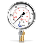 Stainless Steel Pressure Gauge Dual Display (0-1000 psi/kPa) - 2 1-2" Glycerine Liquid Filled Water Air Oil Gas Gauge with Polycarbonate Lens & Brass Connection -1/4" NPT Lower Mount