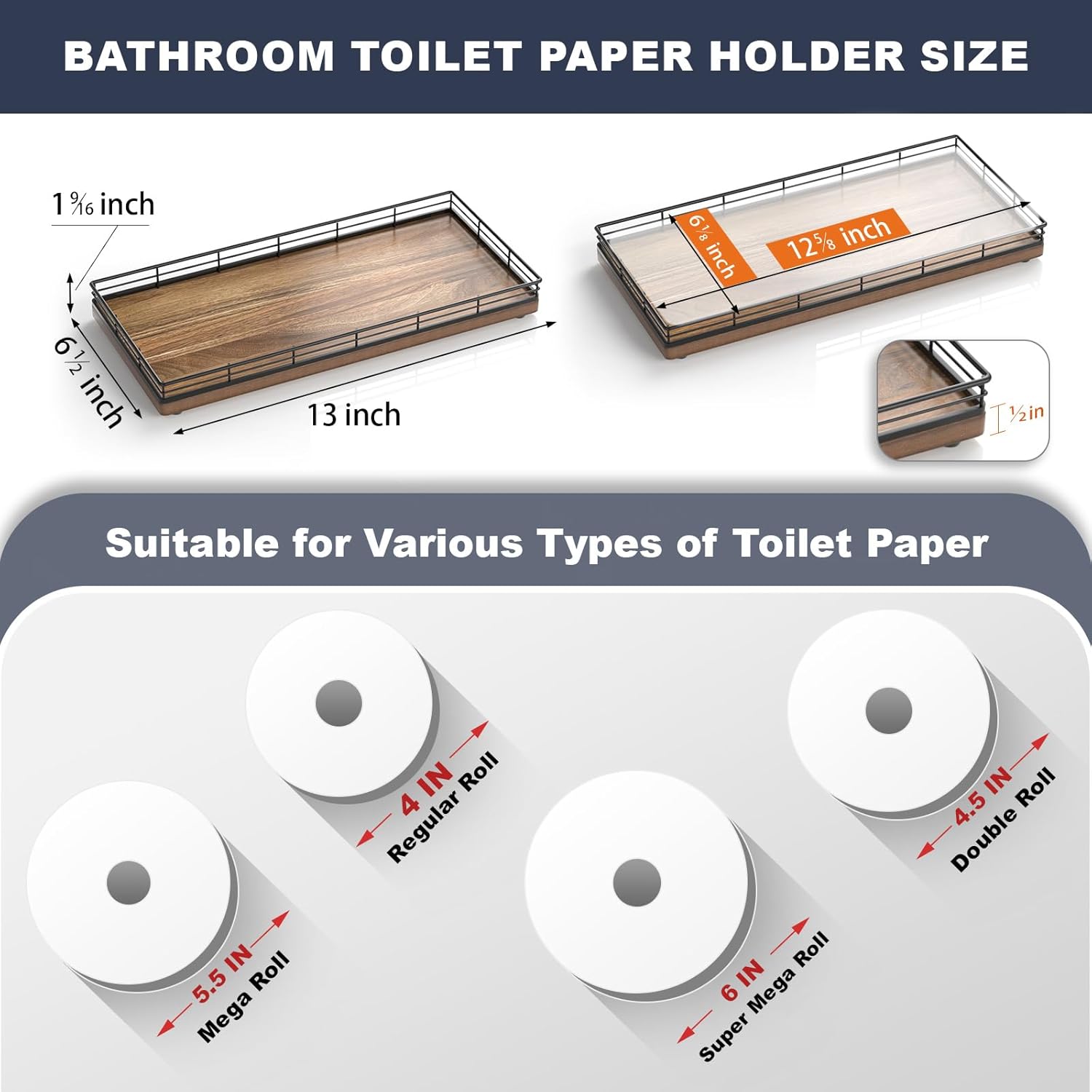 Acacia Bathroom Toilet Tank Tray, 13" Wood Toilet Paper Storage Basket Back of Toilet Basket Organizer, Vanity Tray for Perfume Makeup Candle Kitchen Counter Coffee Table Decor