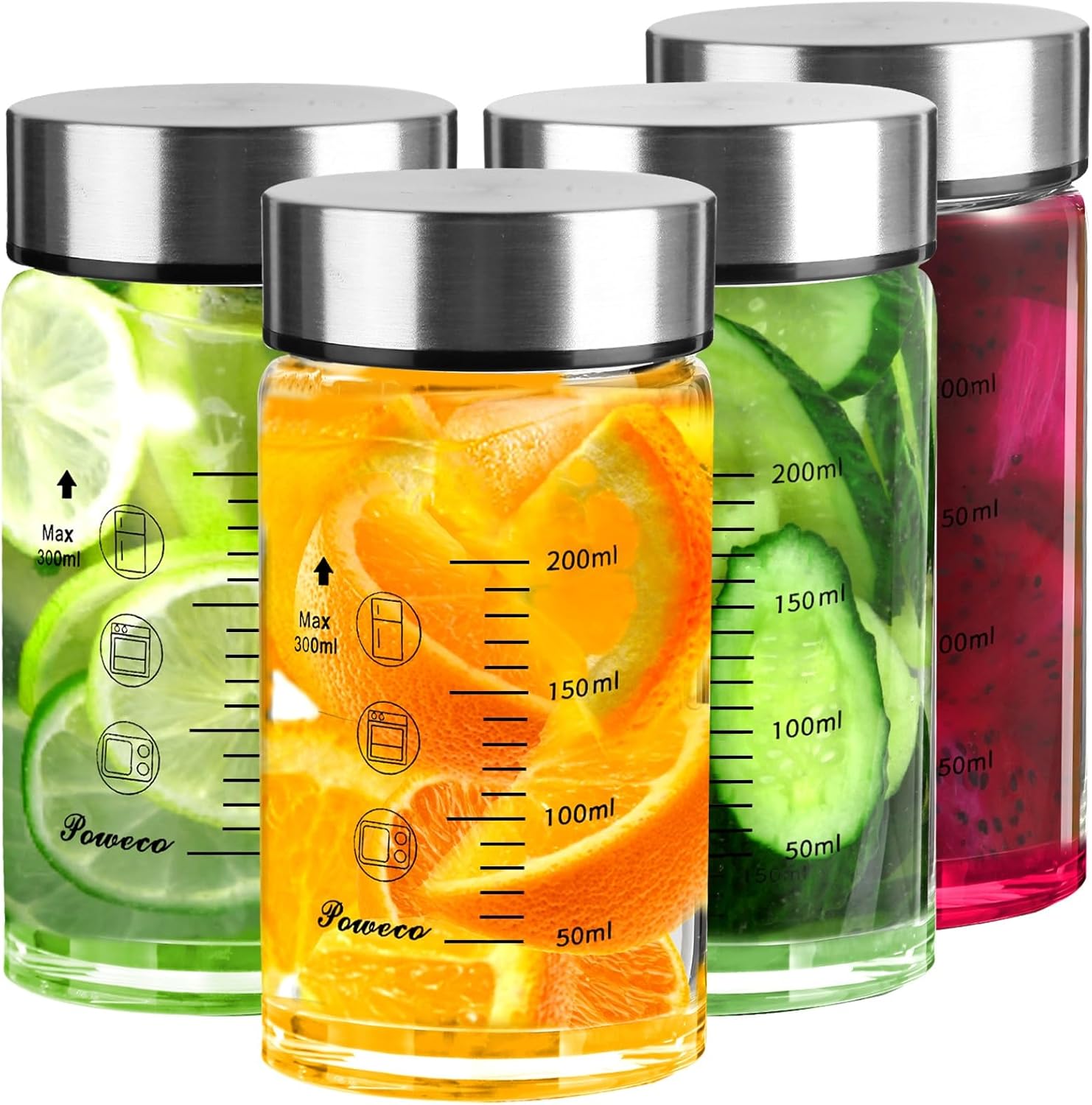 Glass Juice Bottles 4 Pack 10 oz - Wide Mouth Glass Water Bottles with Lids - for Juicing, Protein, Smoothie, Milk, Reusable, BPA Free, Stainless Steel Lids, Blender, Shaker Bottle (10oz/300ml)