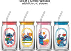 JoyJolt Disney Stitch Island Vibes Glass Tumblers with Lids and Straws, 16oz Glass Cups with Lids and Straws, Can Shaped Drinking Glasses Set of 4, Stitch Stuff, Disney Gifts for Adults