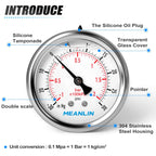 MEANLIN MEASURE -30inHG~30Psi Stainless Steel 1/8" NPT 2.5" FACE DIAL Vacuum Pressure Gauge, Center Back Mount, with 1/4" NPT and 3/8" NPT Hex Bushing