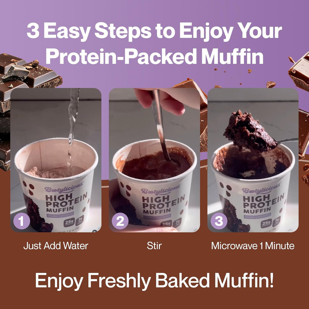 Bootylicious | High-Protein Muffin | 25g Protein, 7g Net Carbs, 2.32-2.75oz Cup, 12-Pack (Double Chocolate)